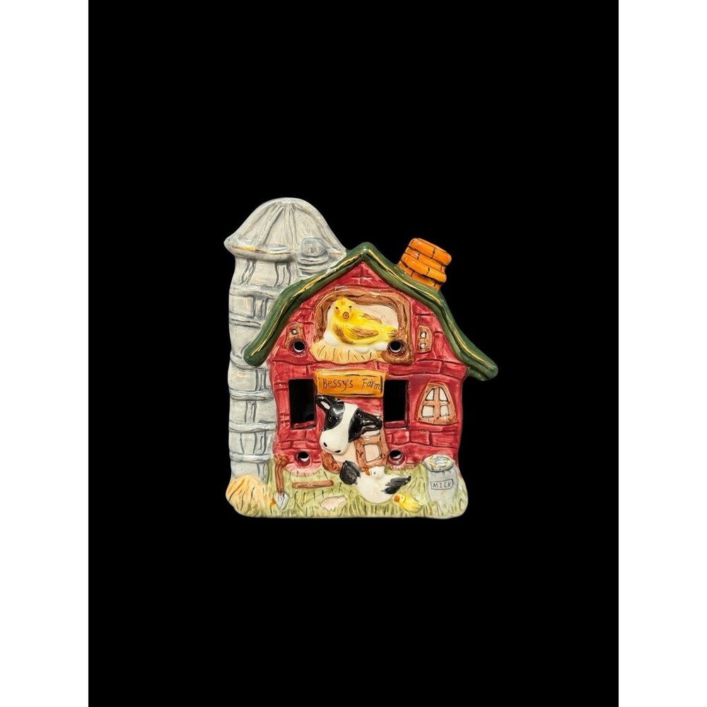 Vtg Ceramic Decorative Double Switch Plate Bessy’s Farm Cow Red Barn Silo NOS